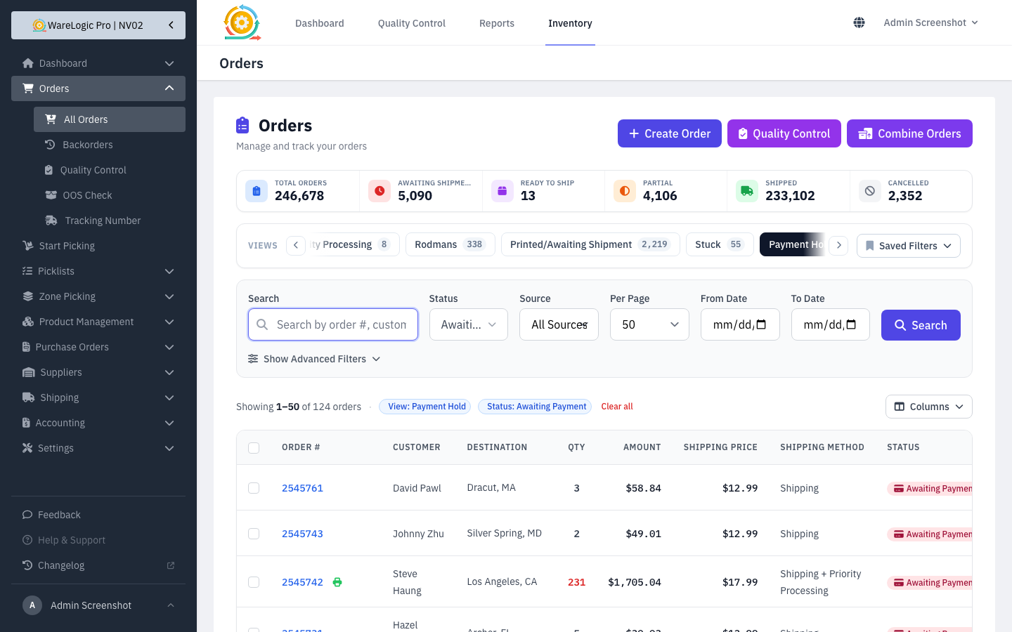 Payment Hold view on the orders page