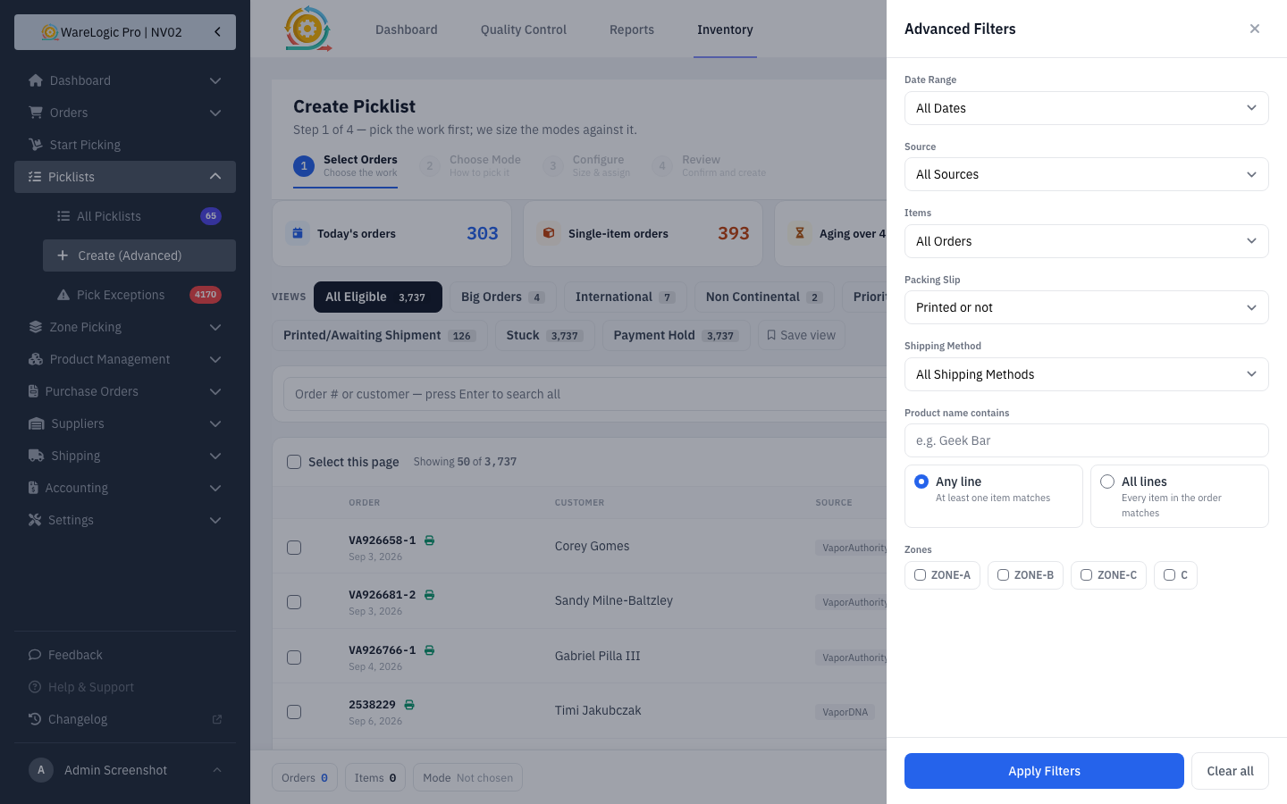 Product name filter with any line or all lines