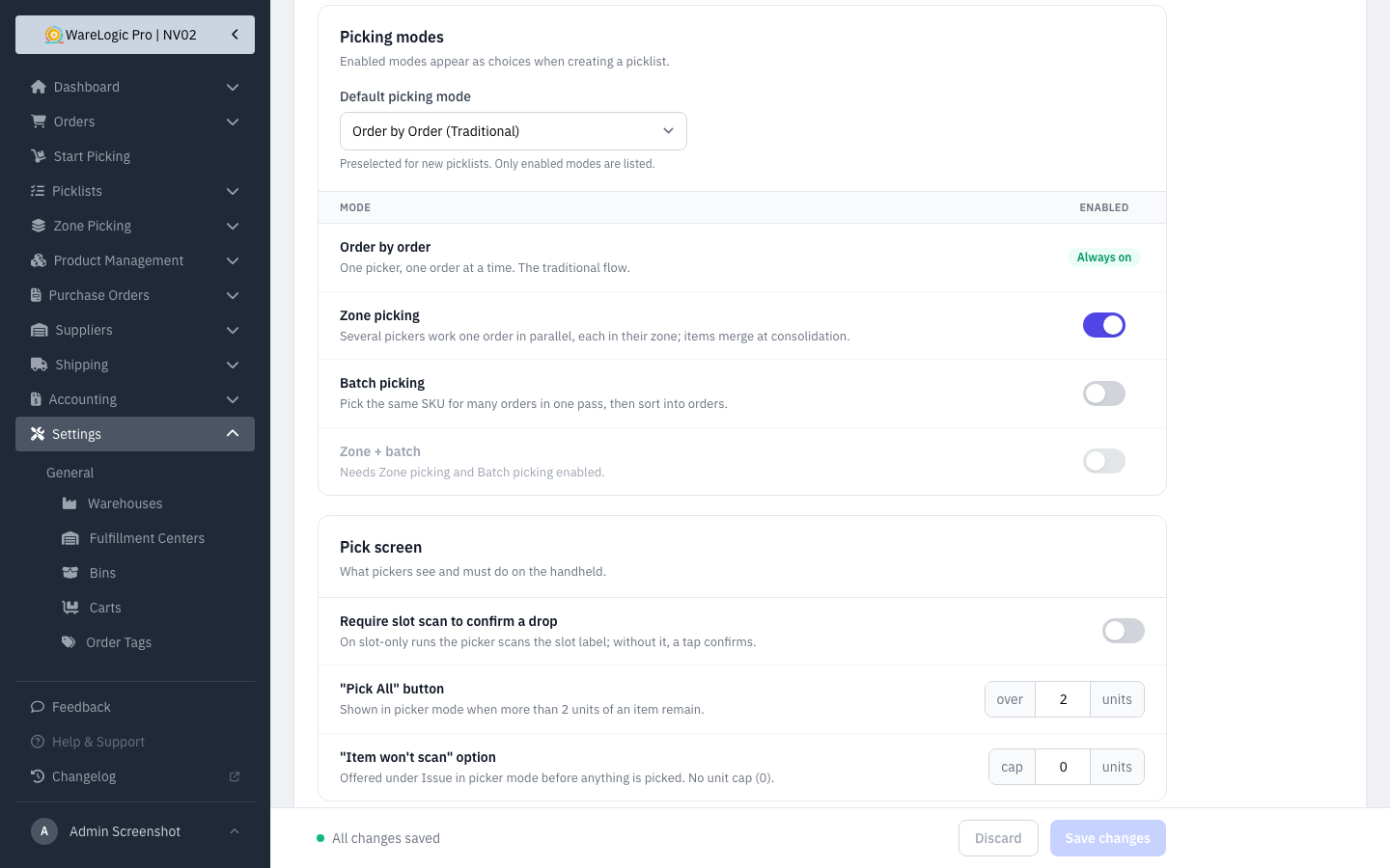 Redesigned picking settings