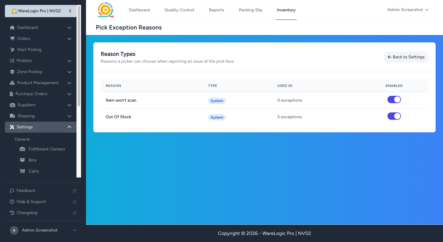 Pick Exception Reasons settings page