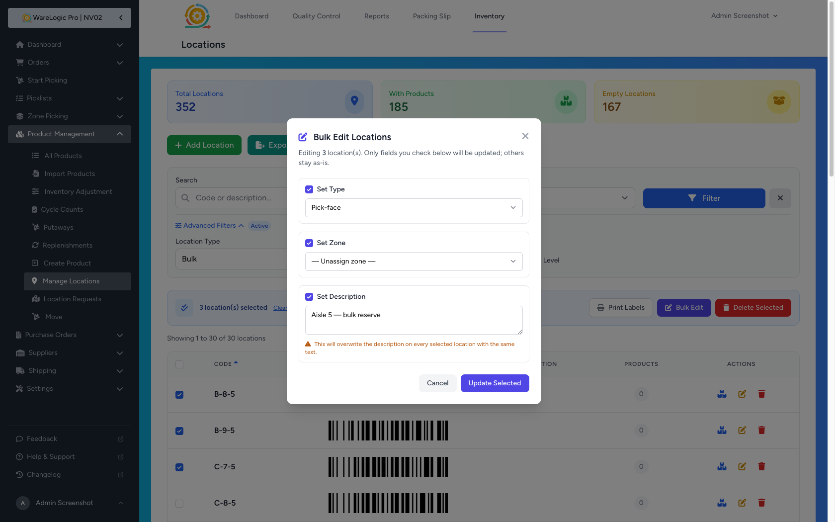 Bulk Edit Locations modal