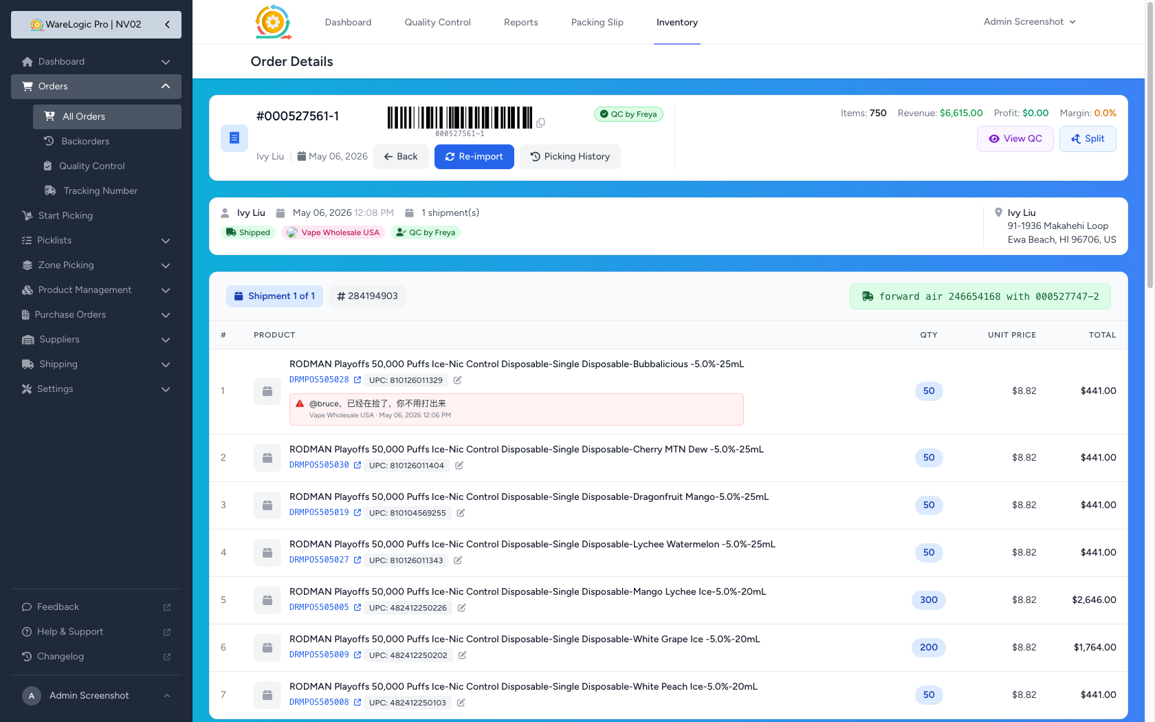 Item note on the order details page