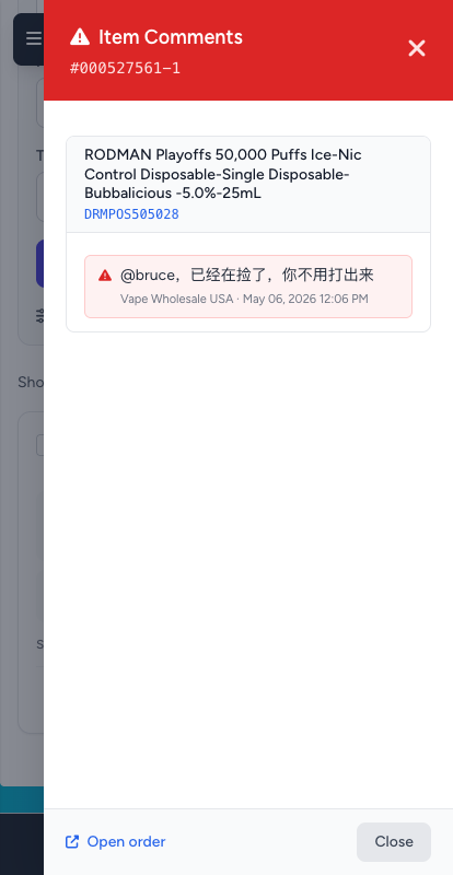 Order item notes slide-over panel — mobile