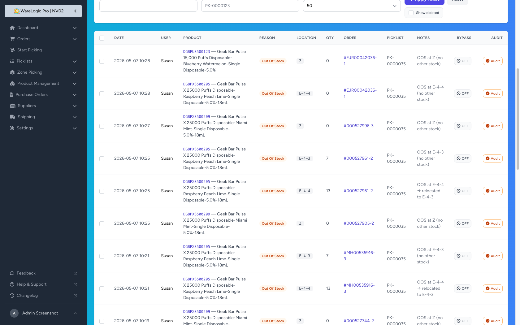 Pick Exceptions audit queue