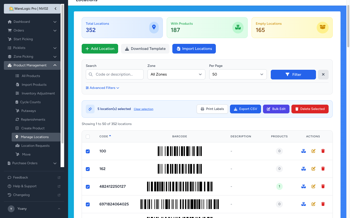 Locations page with Export CSV bulk action