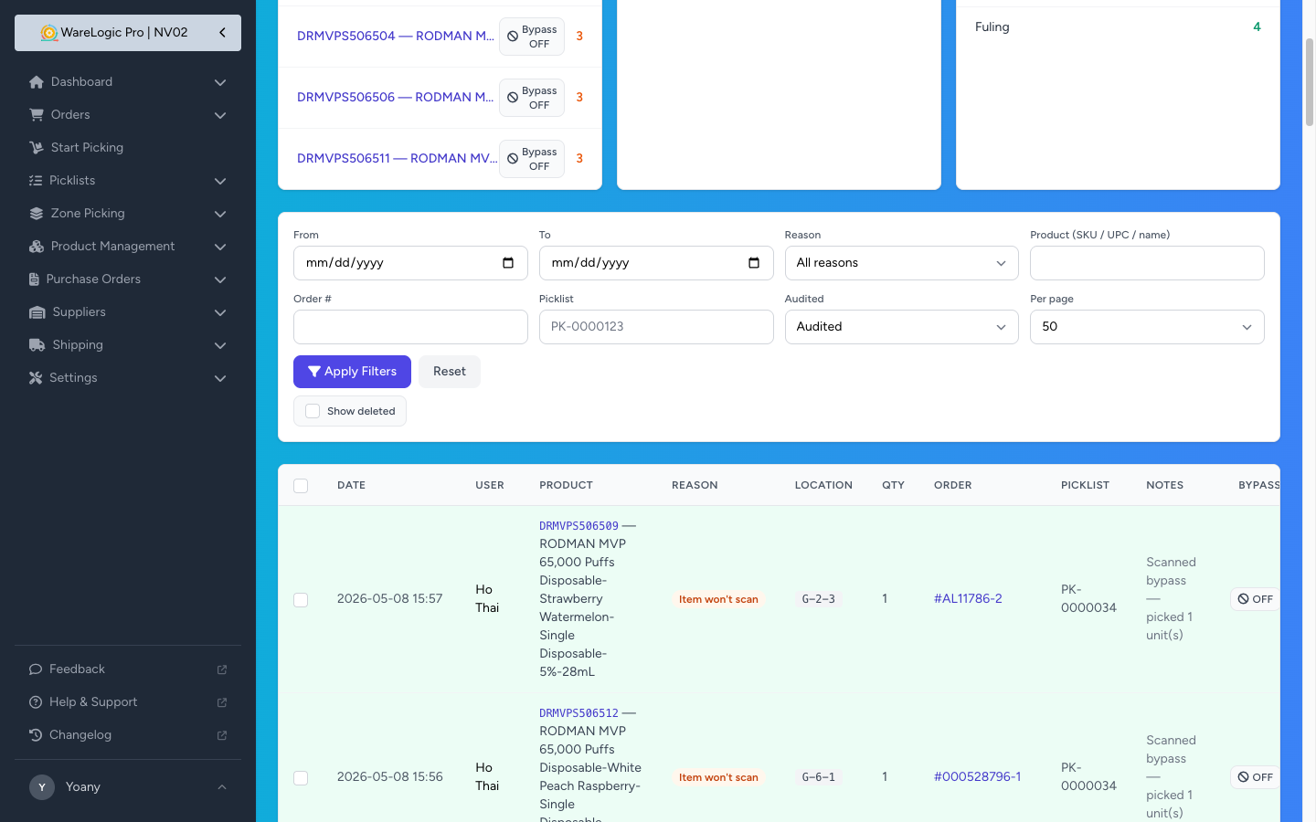Pick Exceptions report with Audited filter and "by name · date" caption