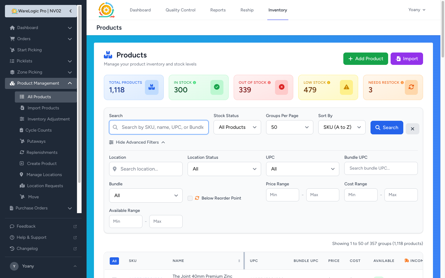 Products page with Bundle UPC filter and column