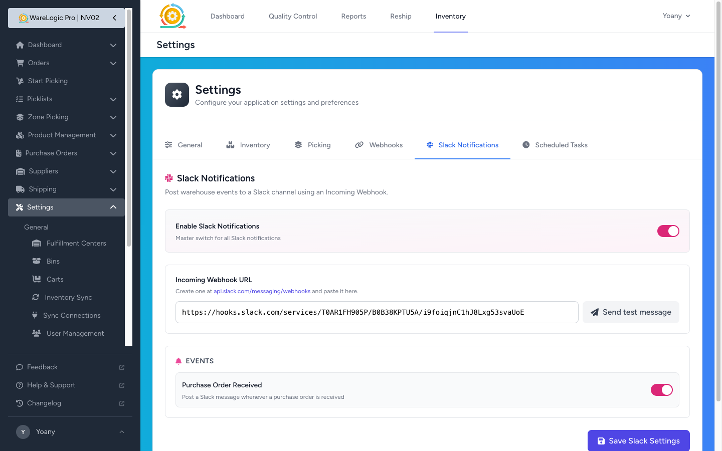 Slack settings tab
